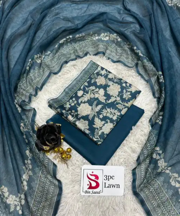 3 Pieces - Bin Saeed Unstitched Greyish-Blue Ladies Lawn Suit
