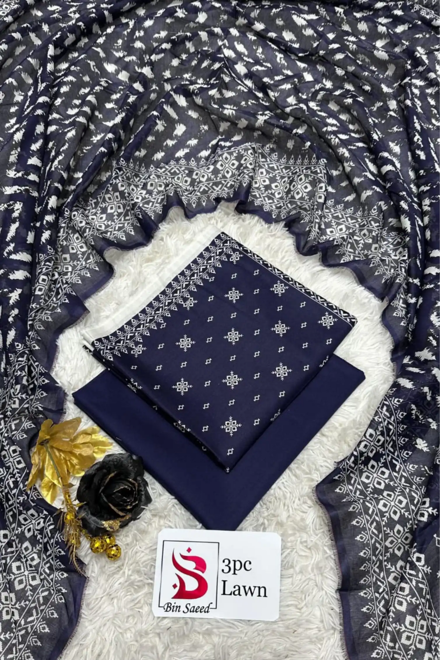 3 Pieces - Bin Saeed Unstitched Blue Ladies Lawn Suit