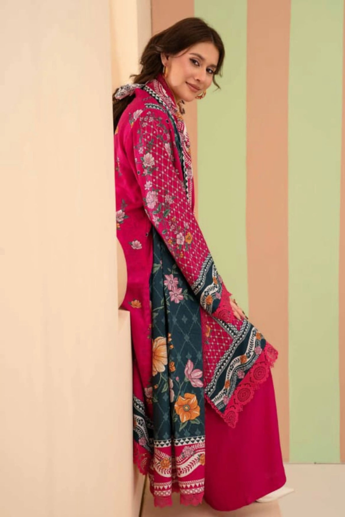3 Pieces - Raabi Unstitched Redish Pink Printed Ladies Linen Suit