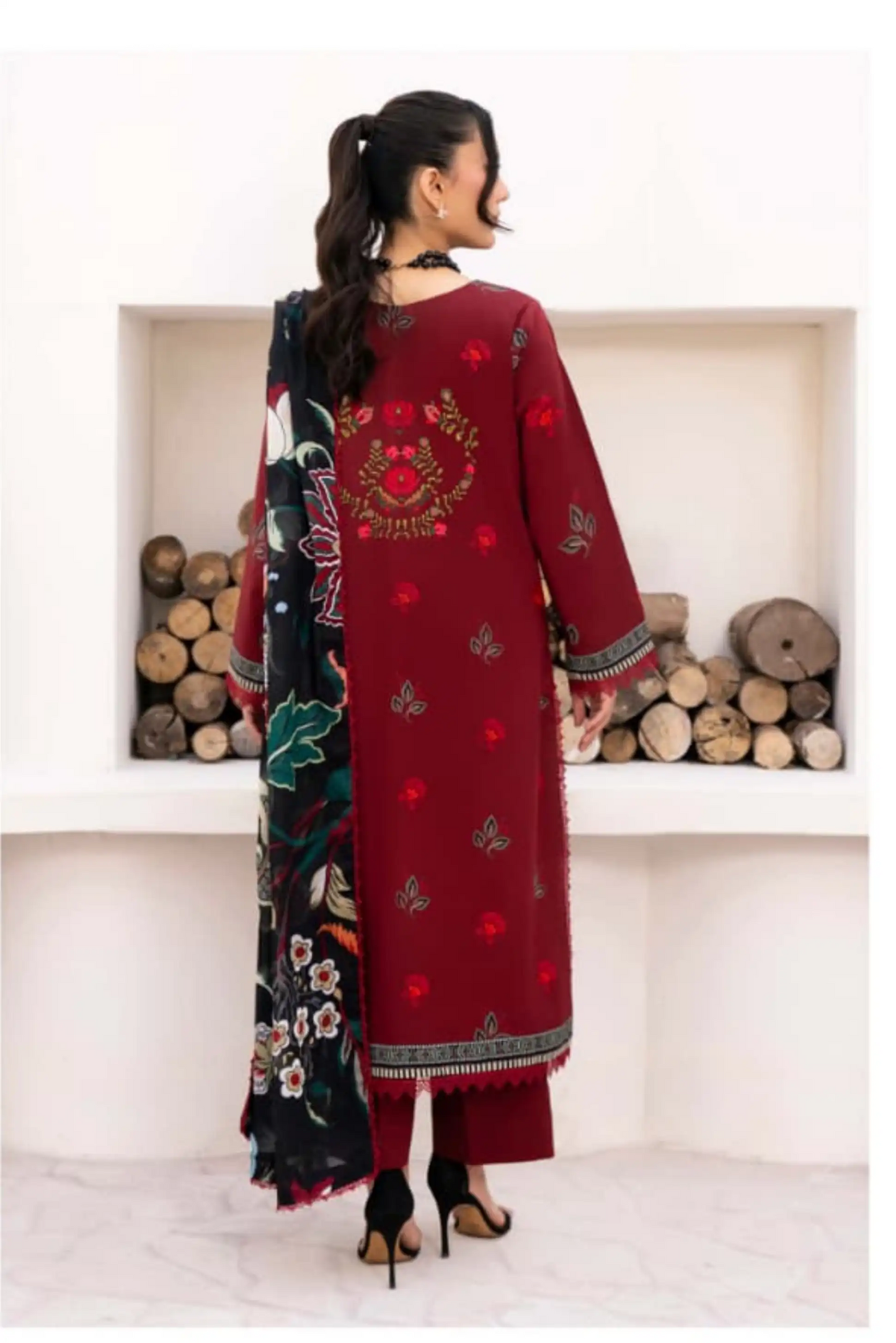 3 Pieces - Yakeen By Asifa Unstitched Maroon Ladies Lawn Suit