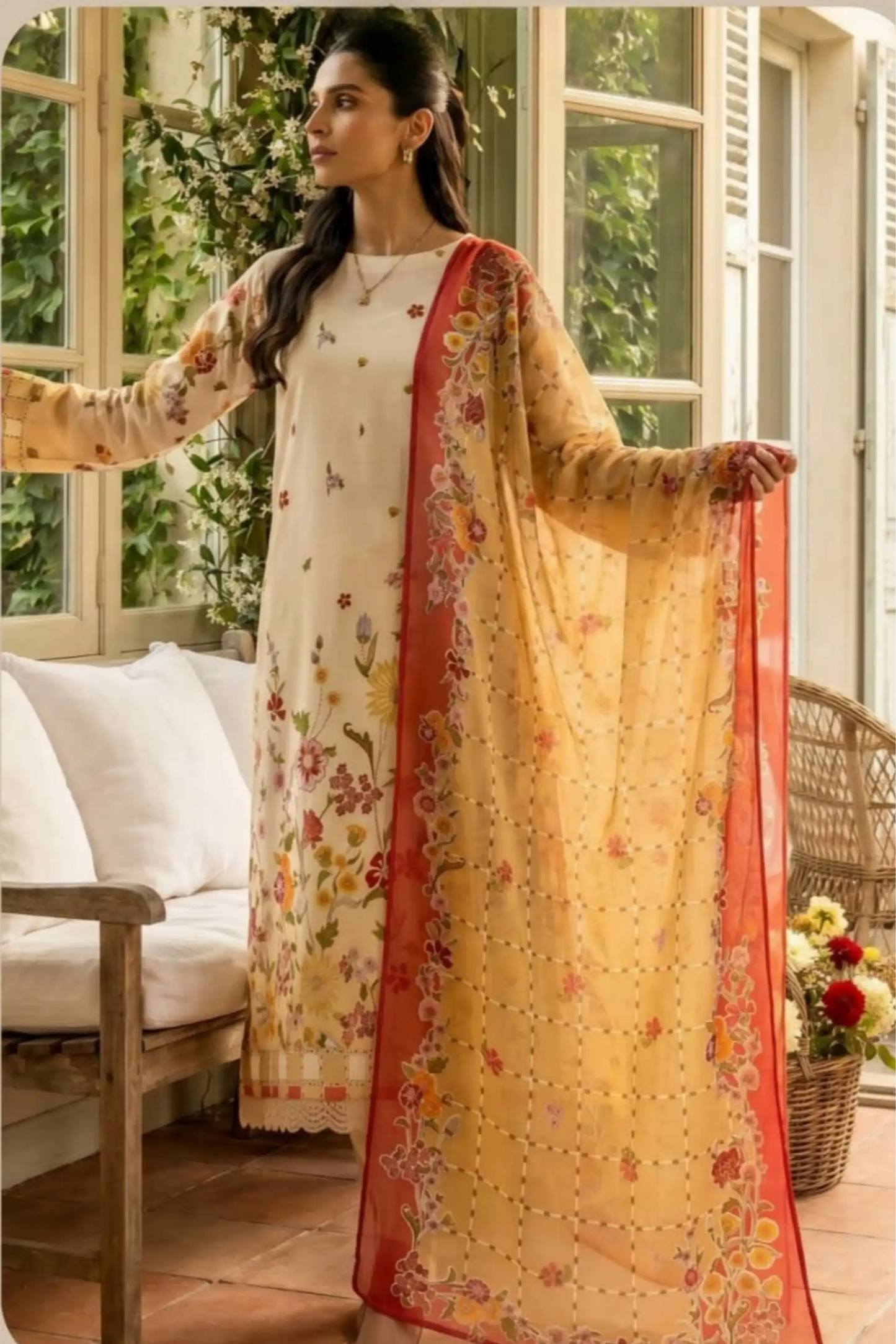 3 Pieces -Sonu Ali Unstitched Cream Ladies Lawn Suit