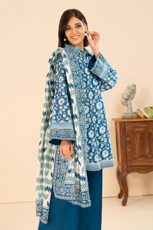 3 Pieces - GulAhmed Unstitched Blue Printed Khaddar Suit