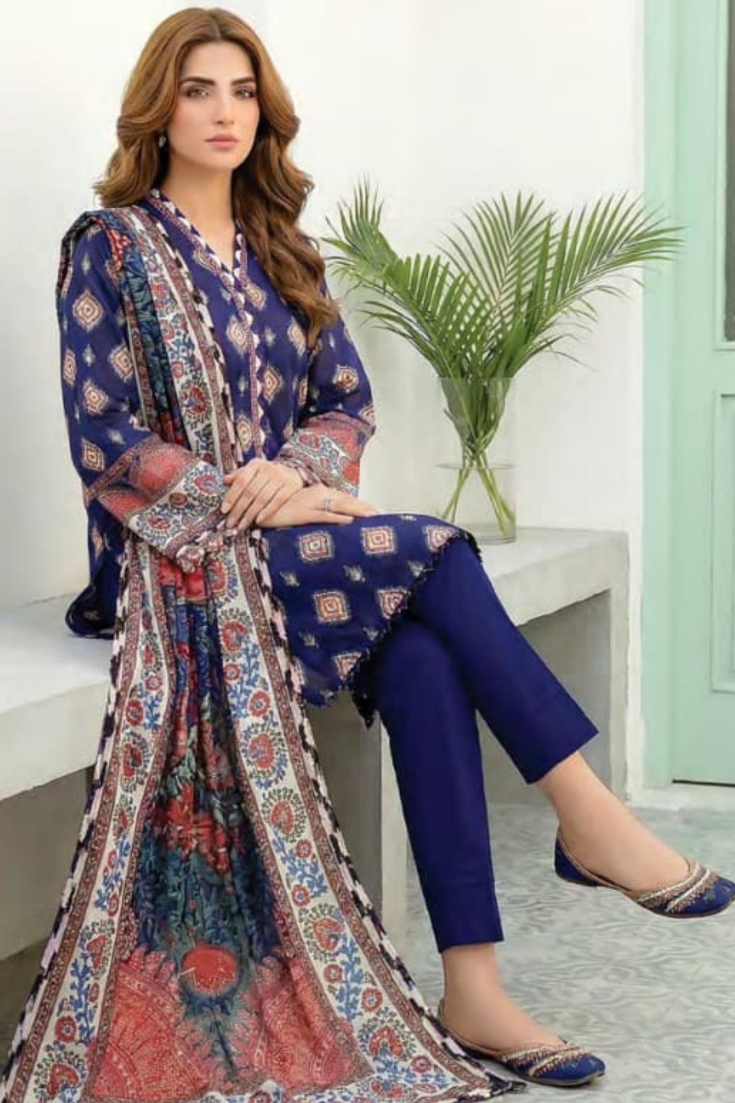 3 Pieces - Lakhany Unstitched Navy Blue Lawn Suit