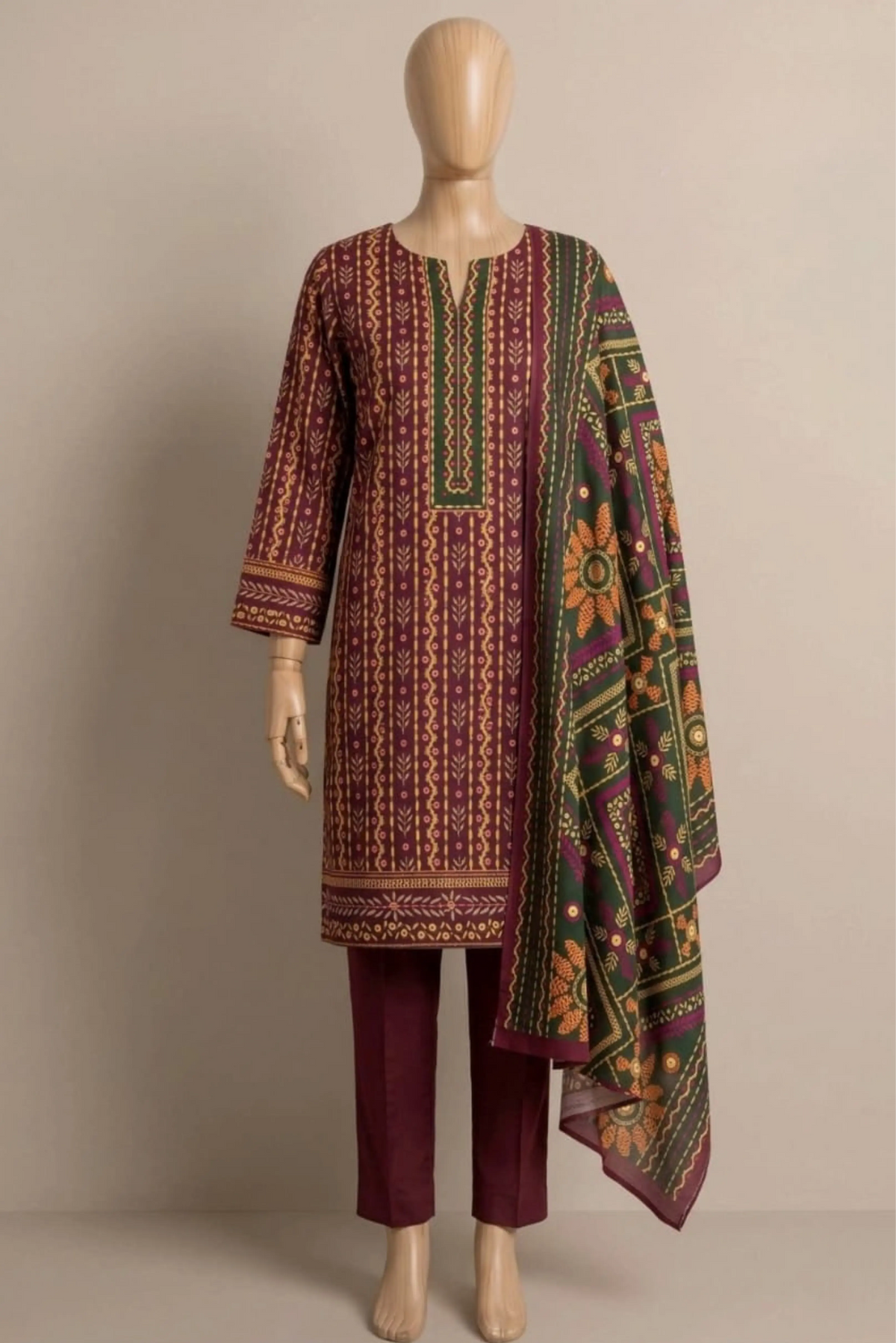 3 Pieces - Rijja By Murashe Unstitched Maroon Ladies Khaddar Suit