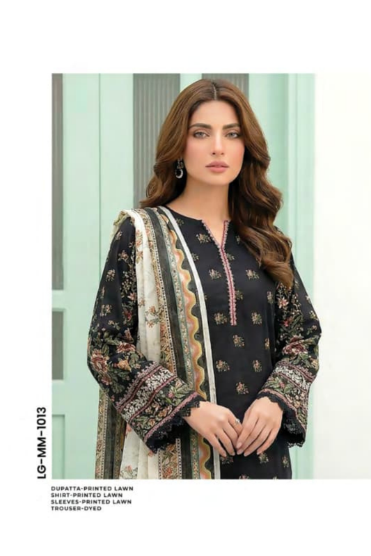 3 Pieces - Lakhany Unstitched Black Lawn Suit