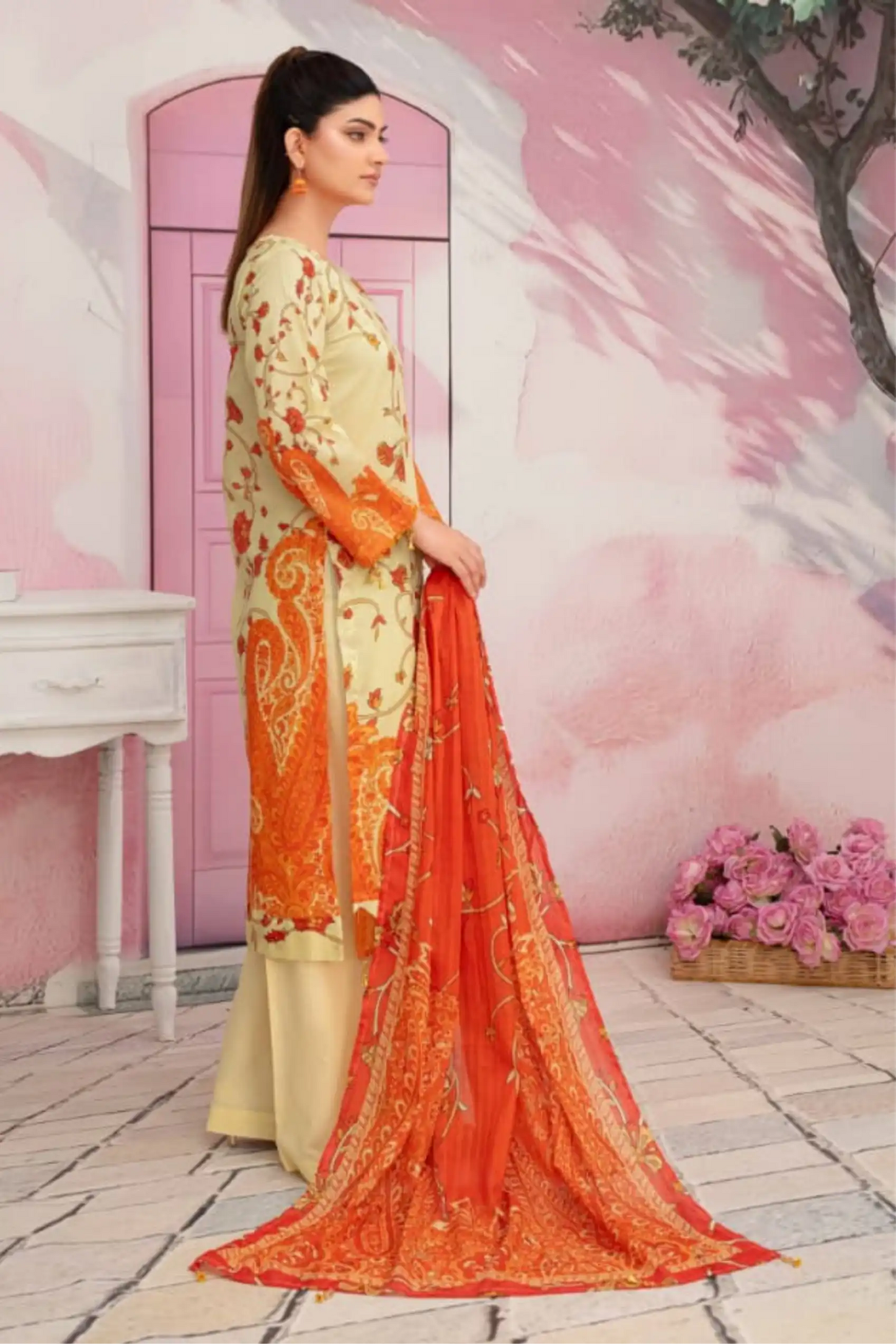 3 Piece - Fabiha By Feroza Unstitched Orange Lawn Suit