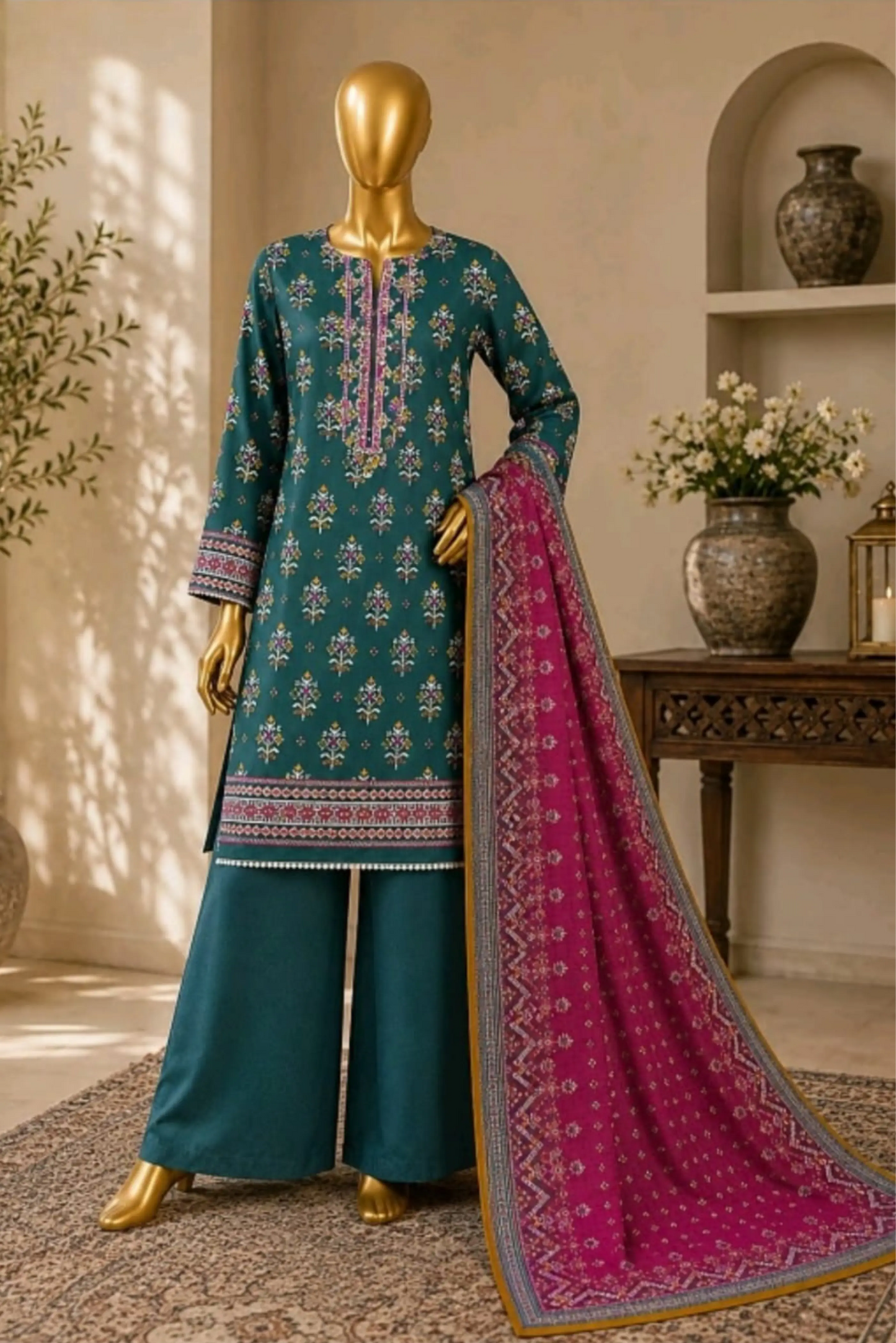 3 Pieces - Riwayat Unstitched Green Dobby Viscose Suit