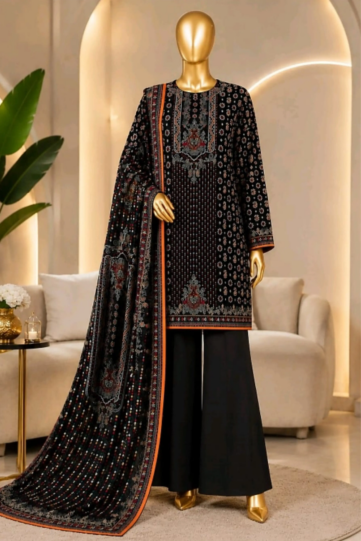 3 Pieces - Riwayat Unstitched Black Dobby Viscose Suit