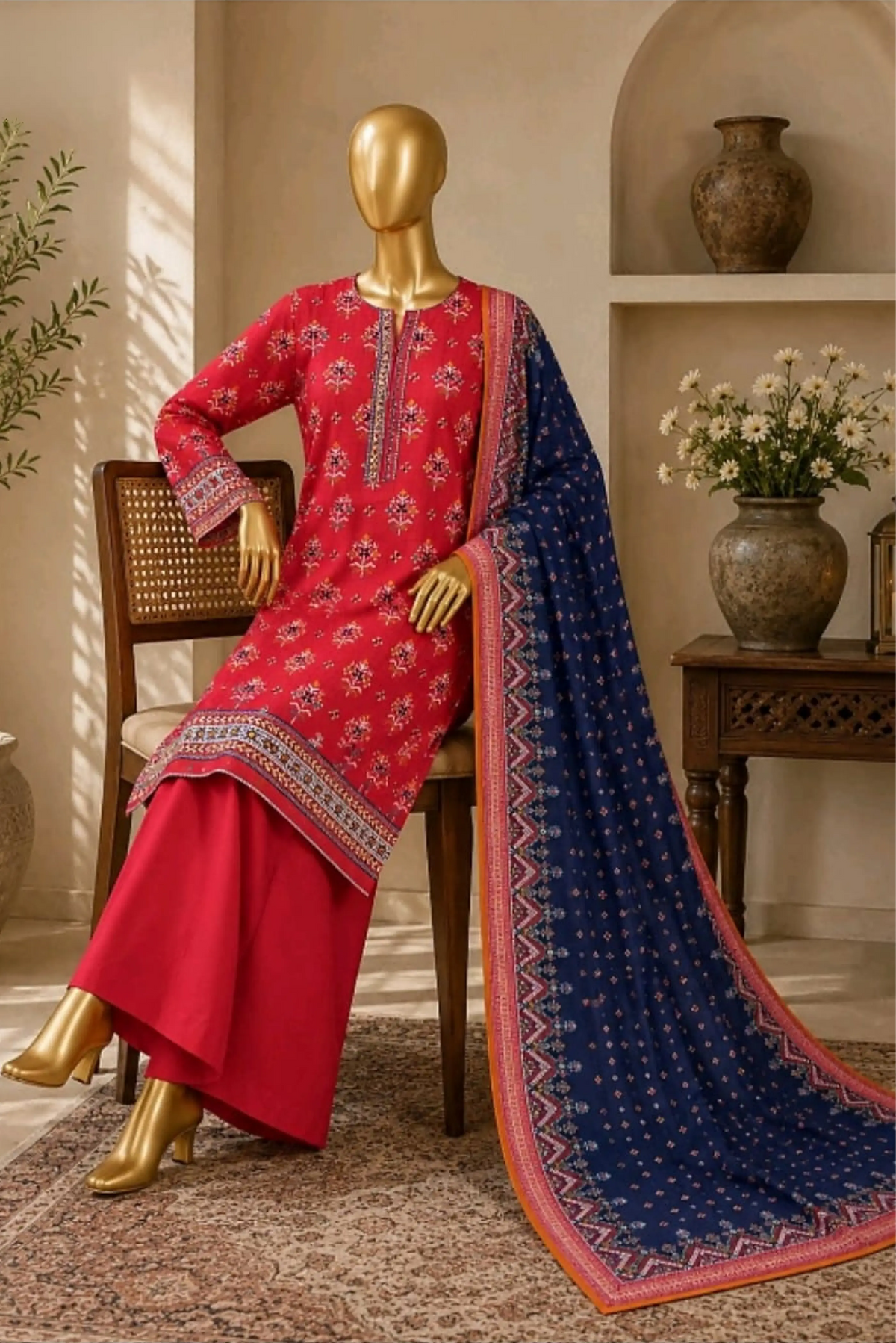 3 Pieces - Riwayat Unstitched Red Dobby Viscose Suit