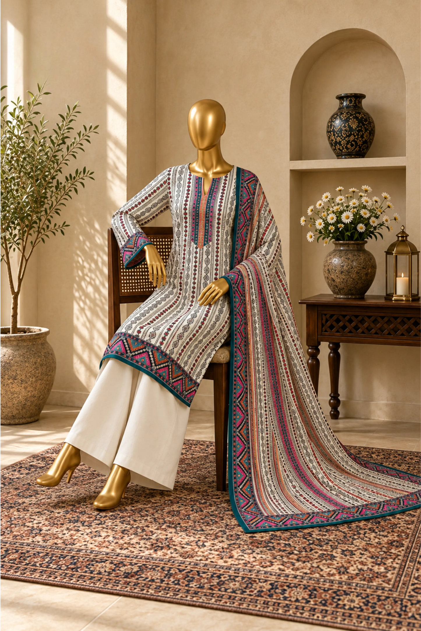 3 Pieces - Riwayat Unstitched OFF-White Dobby Viscose Suit