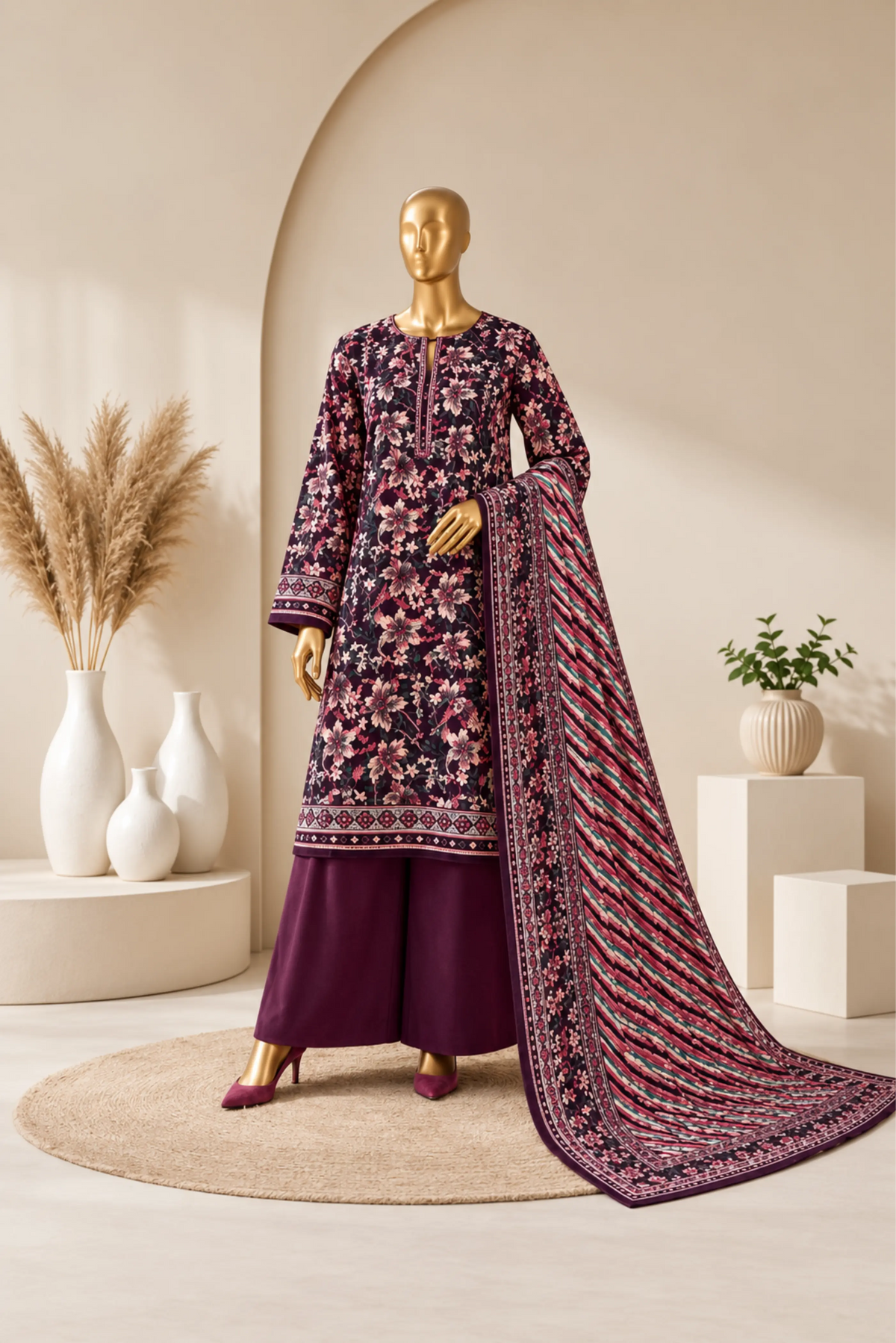 3 Pieces - Riwayat Unstitched Plum Dobby Viscose Suit