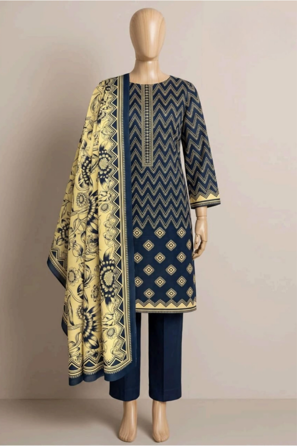 3 Pieces - Rijja By Murashe Unstitched Navy Blue Ladies Khaddar Suit