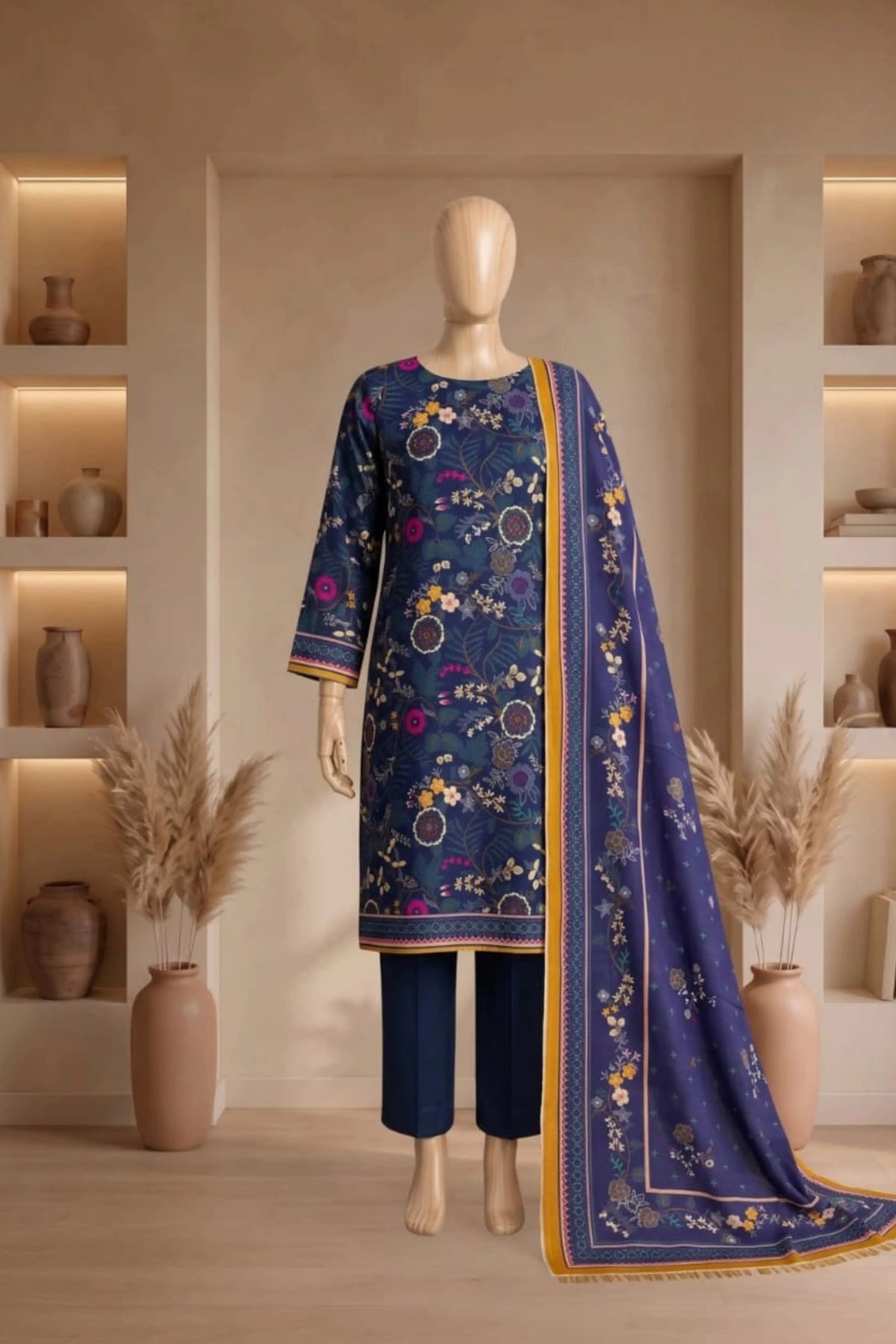 3 Pieces - Rijja By Murashe Unstitched Navy Blue Ladies Printed Linen Suit