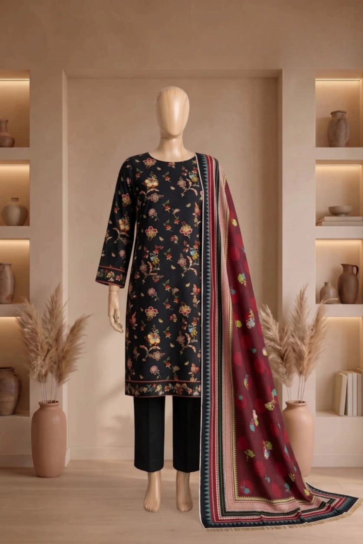 3 Pieces - Rijja By Murashe Unstitched Black Ladies Printed Linen Suit