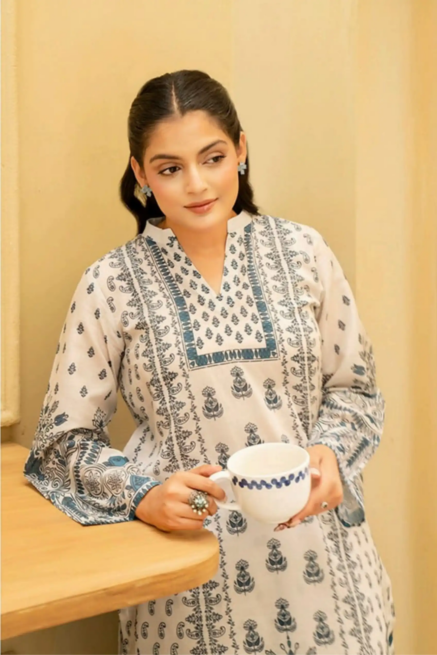 2 Piece: Coco Print By Marooj White Blue Lawn Suit