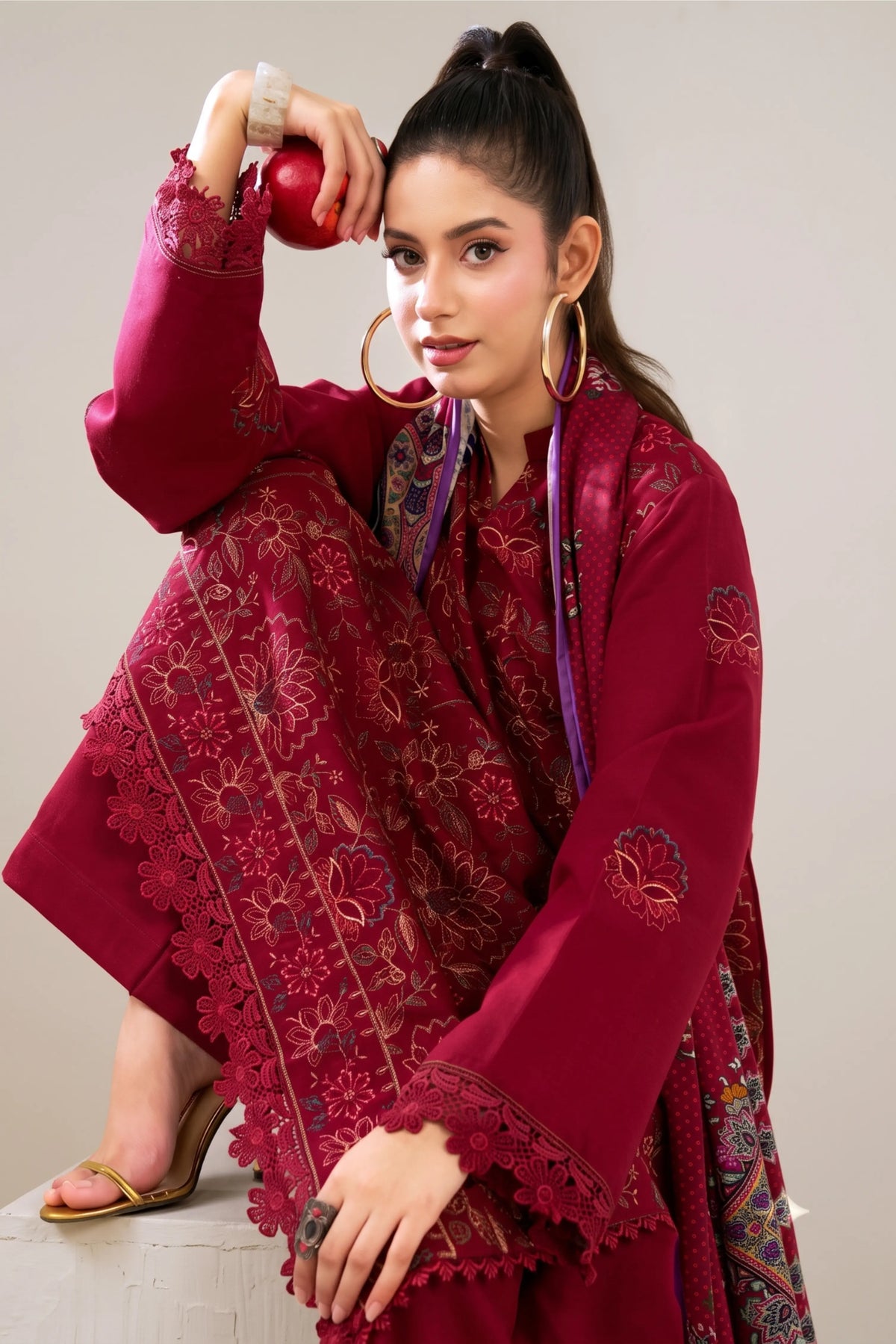 3 Pieces - Marooj Luxury Embroidered Unstitched Red Karandi Ladies Suits