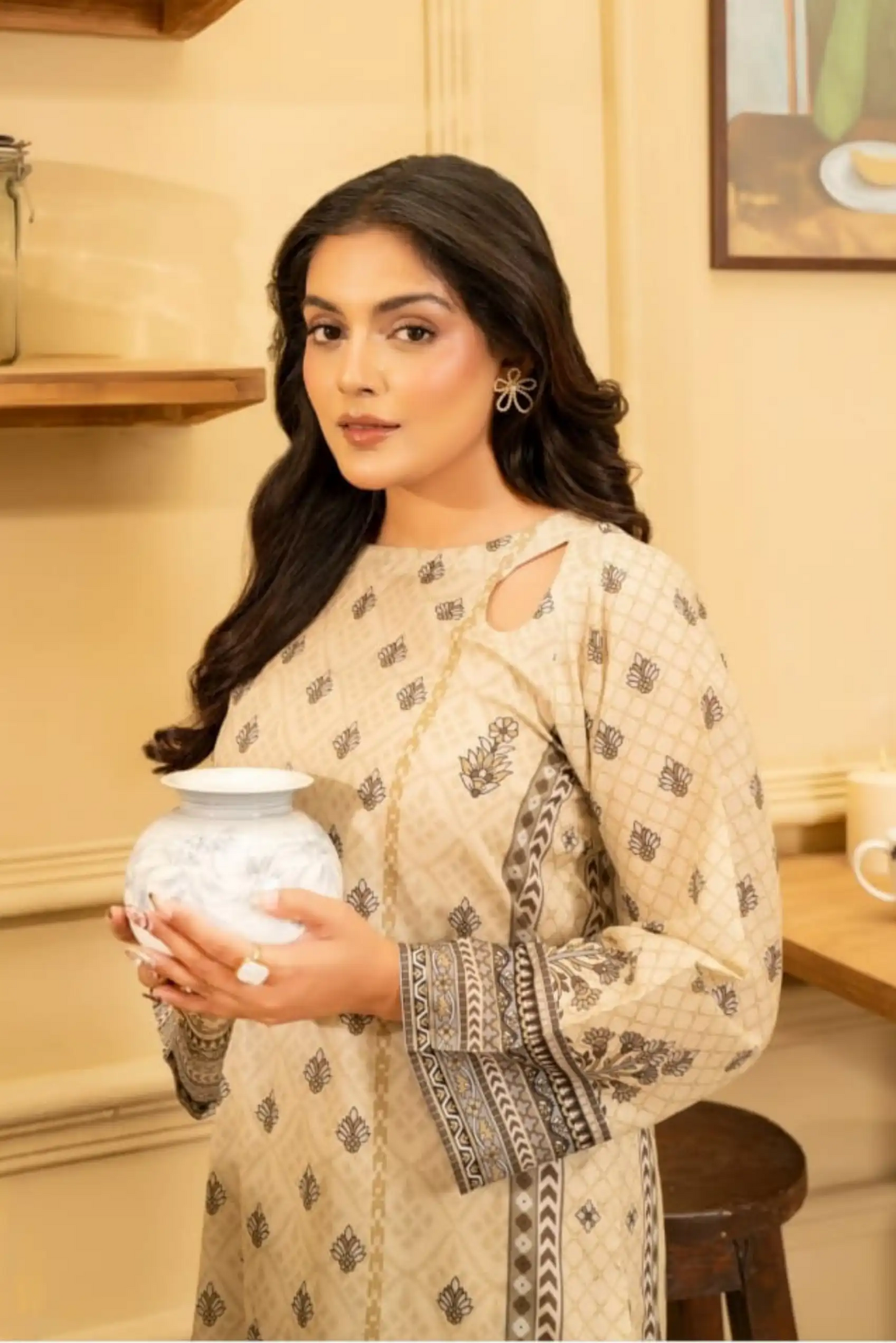 2 Piece: Coco Print By Marooj Cream Lawn Suit
