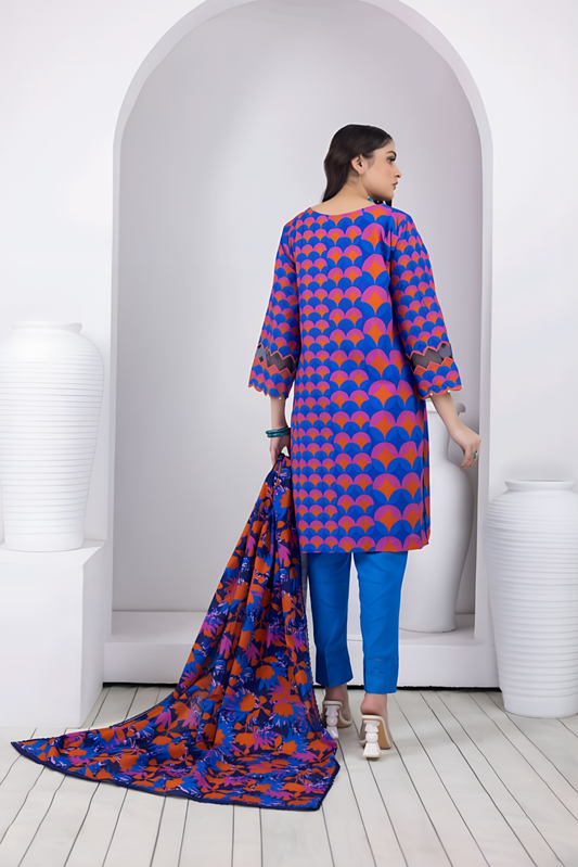 3 Pieces - Regalia Stitched Royal Blue Printed Khaddar Suit