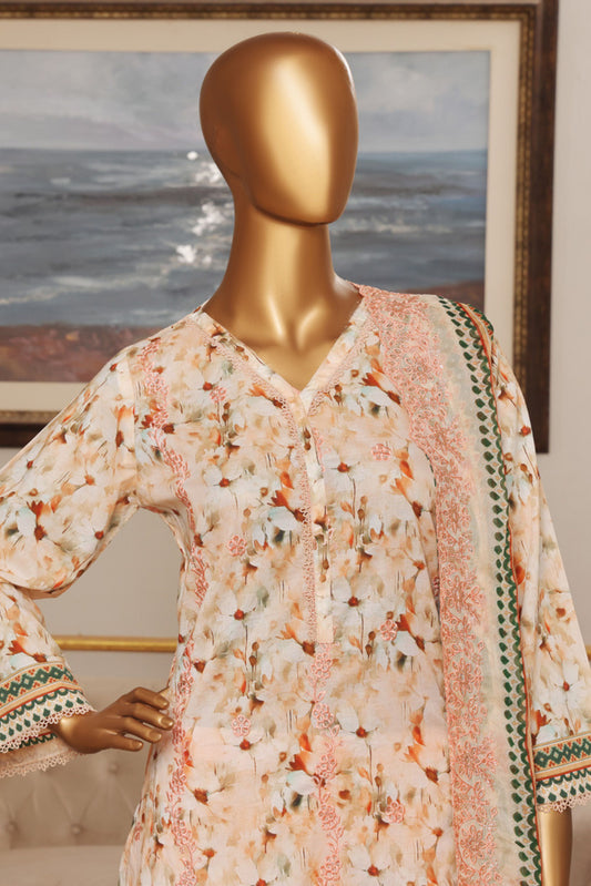 3 Pieces - Riwayat Unstitched Peach Embroided Lawn with Cutwork Chiffon Dupatta Suit