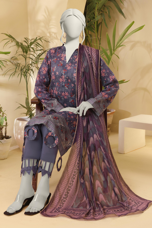 3 Pieces - Almeerah Unstitched Purple Printed Lawn Suit