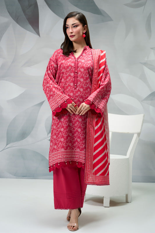 3 Pieces - Regalia Unstitched Pink Printed Khaddar Suit