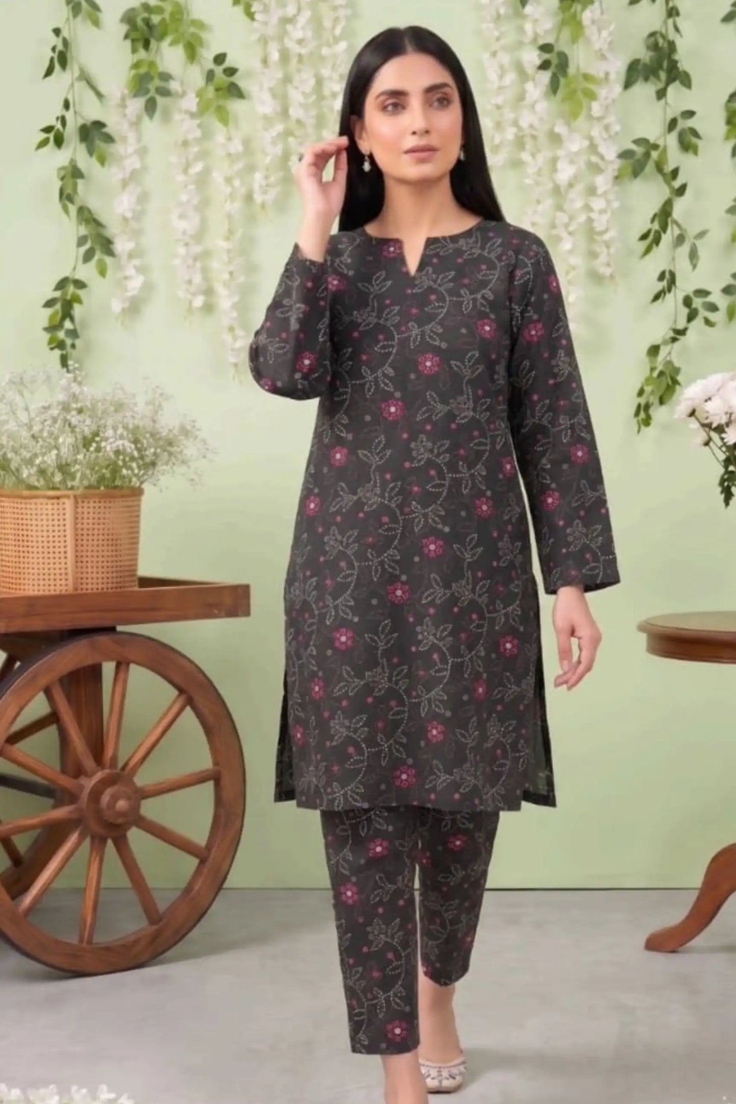 2 Piece- Sohni Dharti Unstitched Black Ladies Lawn Suit