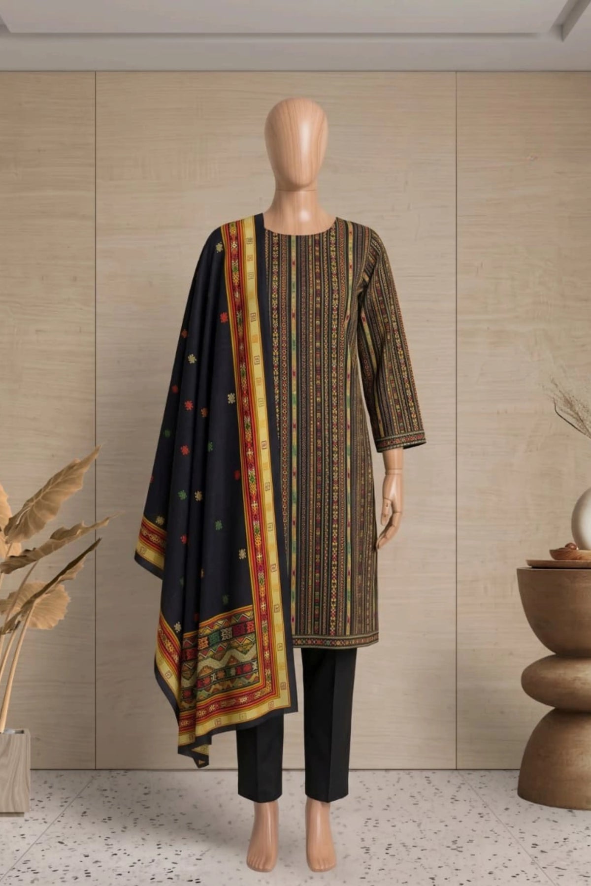 3 Pieces - Rijja By Murashe Unstitched Black Ladies Printed Khaddar Suit