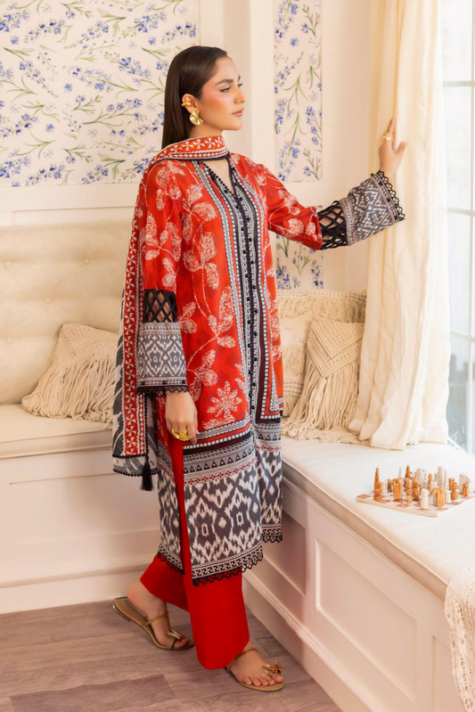 3 Pieces - GulAhmad Unstitched Red Printed Lawn Suit