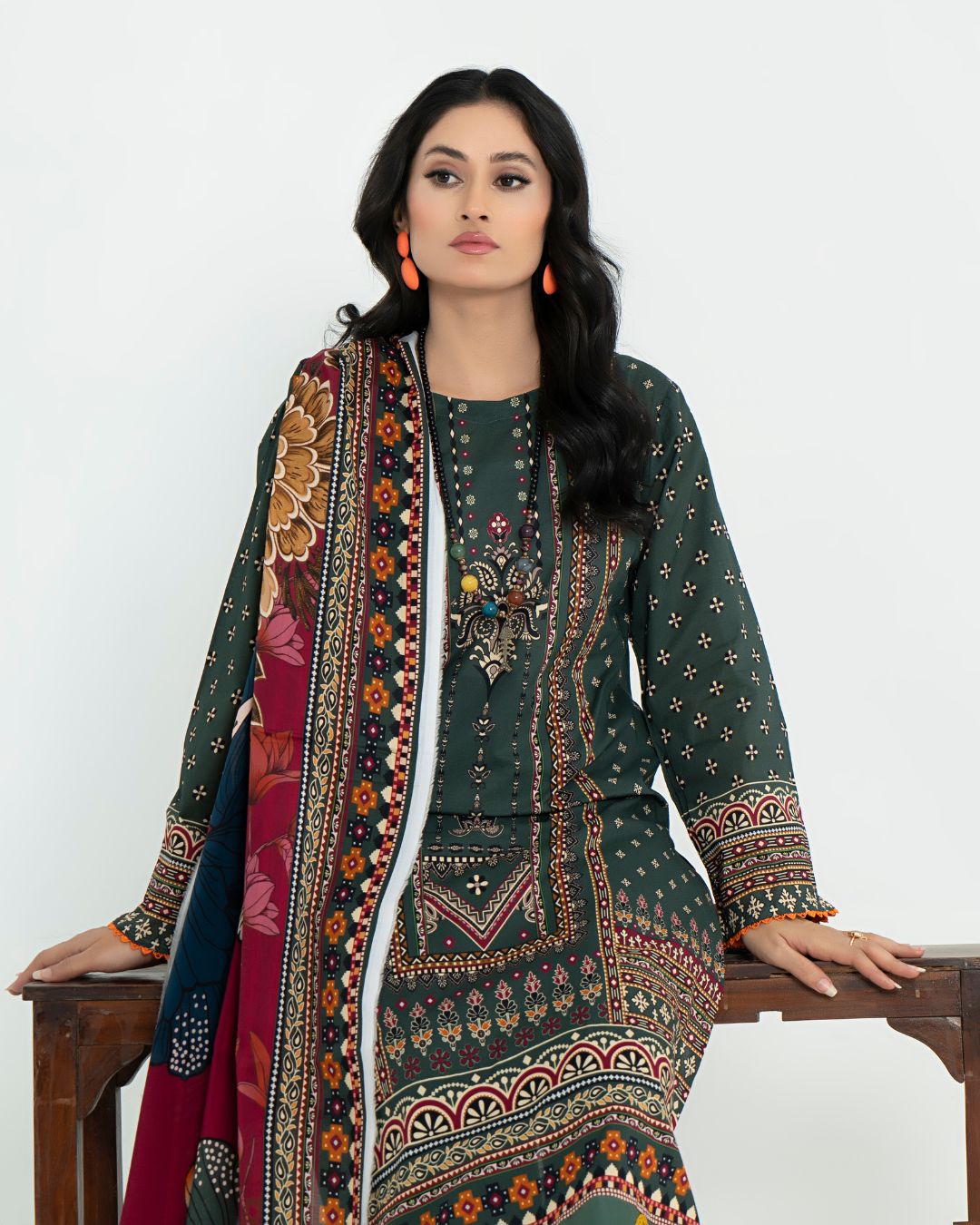 3 Piece - Junoon Unstitched Olive Ladies Transliminor Magic Print Lawn Suit