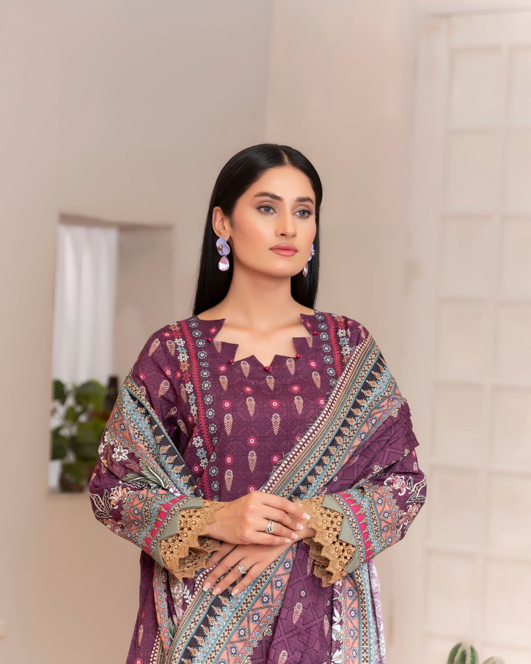 3 Piece - Junoon Unstitched Purple Ladies Banadora Print Lawn Suit