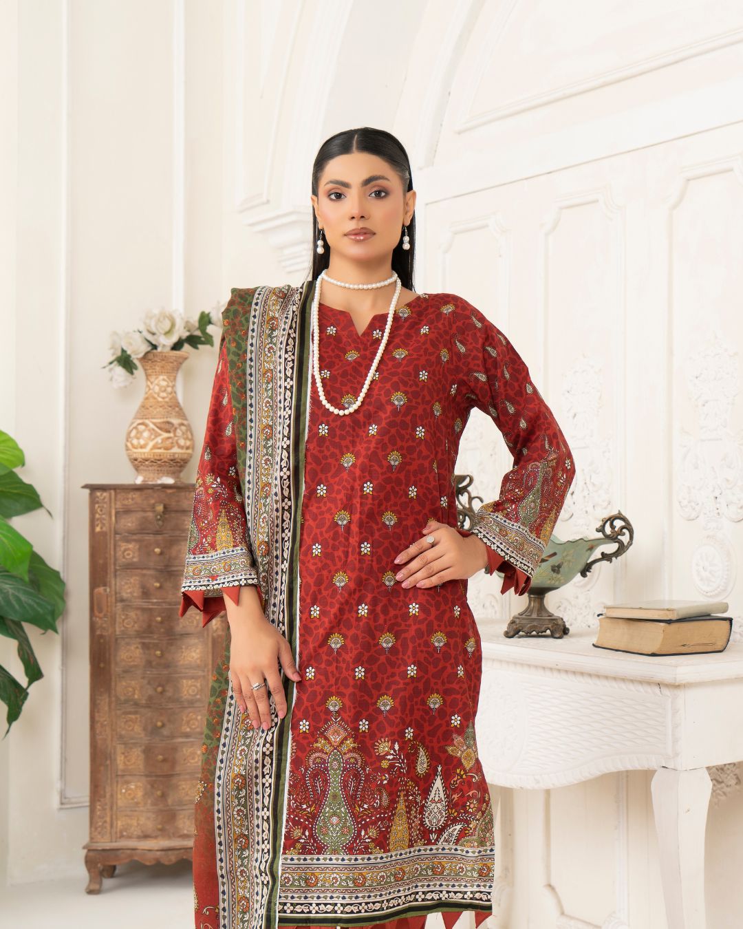 3 Piece - Junoon Unstitched Maroon Ladies Print Lawn Suit