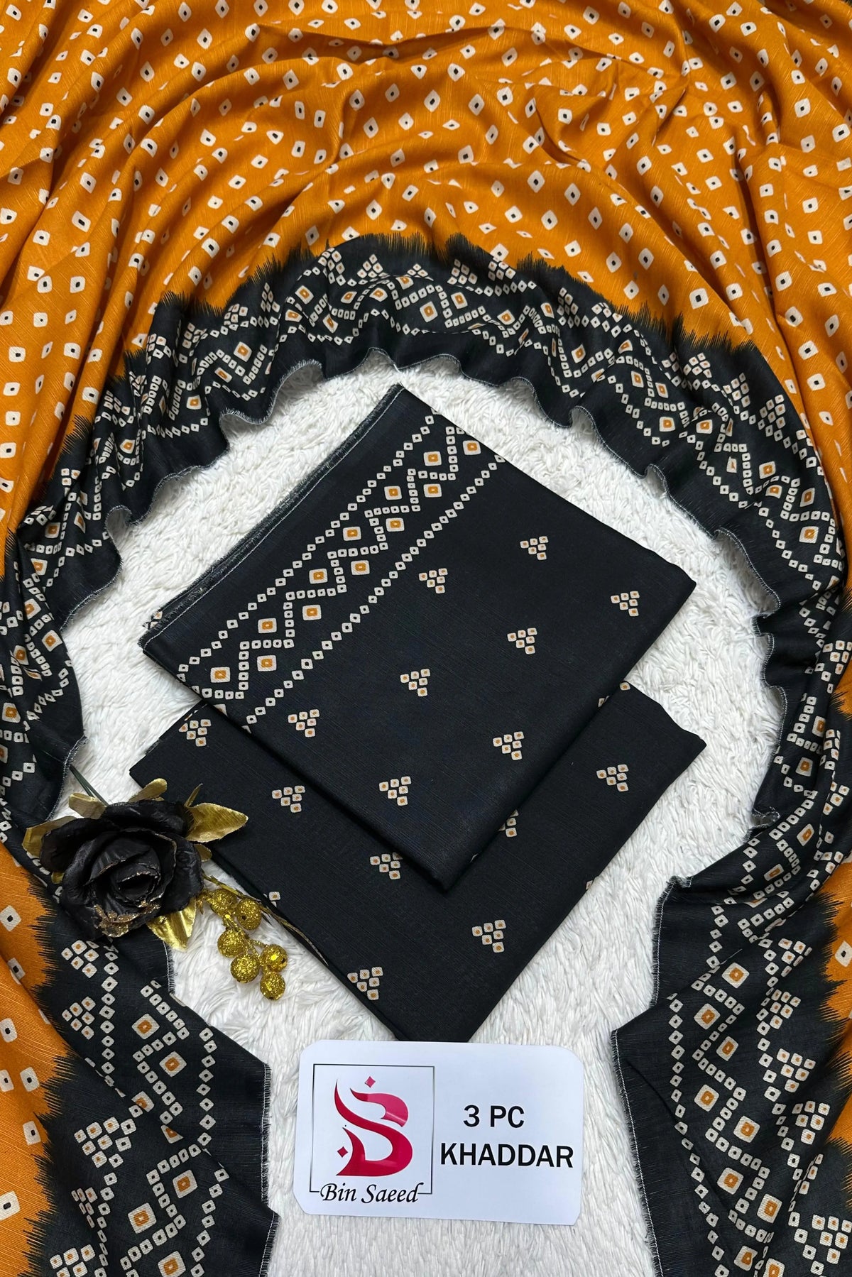 3 Pieces - Bin Saeed Unstitched Black Ladies Printed Khaddar Suit