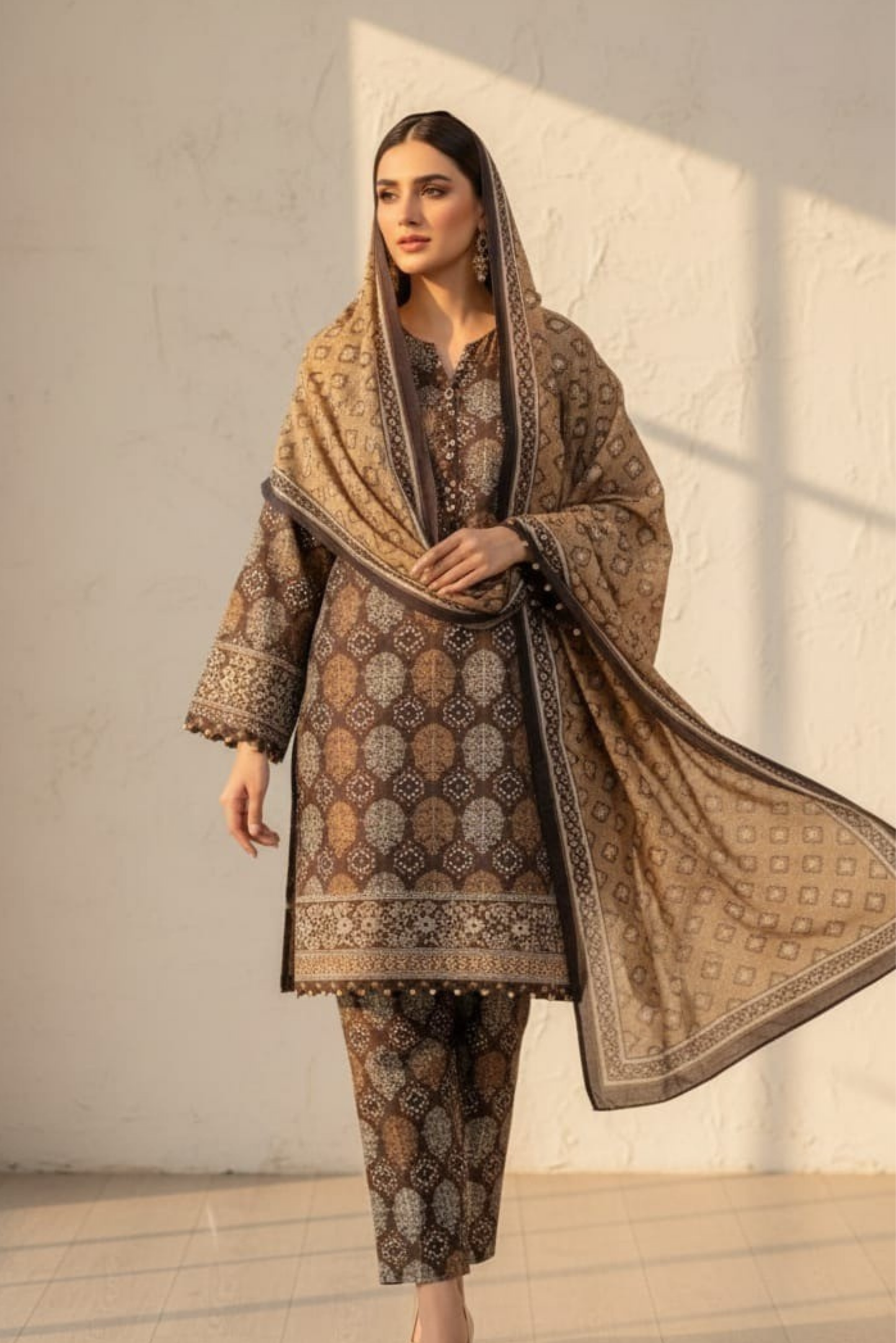 3 Pieces - Safina Unstitched Chocolate Printed Khaddar Suit