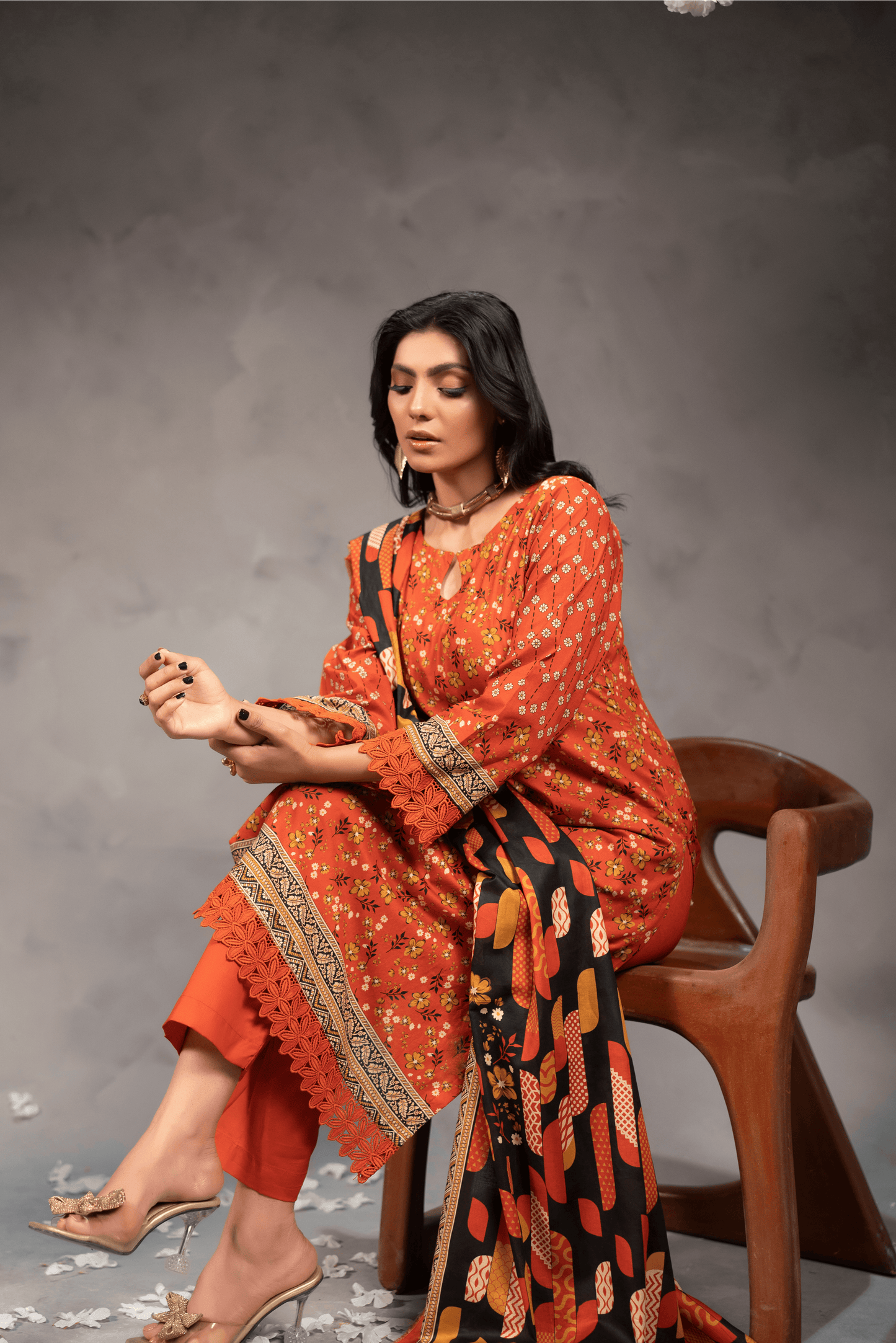 3 Piece - Mahi Unstitched Orange Ladies Transliminor Magic Print Lawn Suit