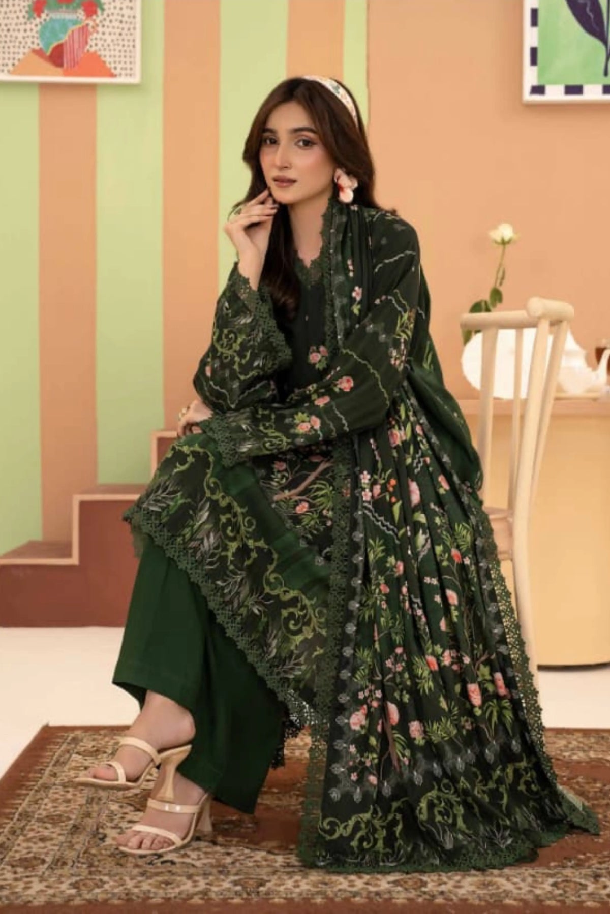 3 Pieces - Raabi Unstitched Green Printed Ladies Linen Suit