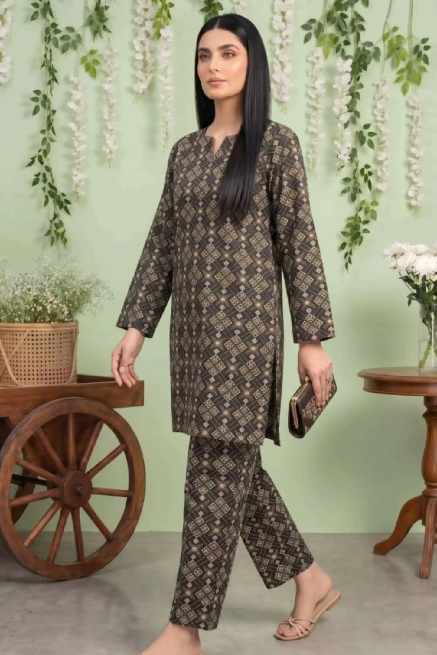 2 Piece- Sohni Dharti Unstitched Black Ladies Lawn Suit