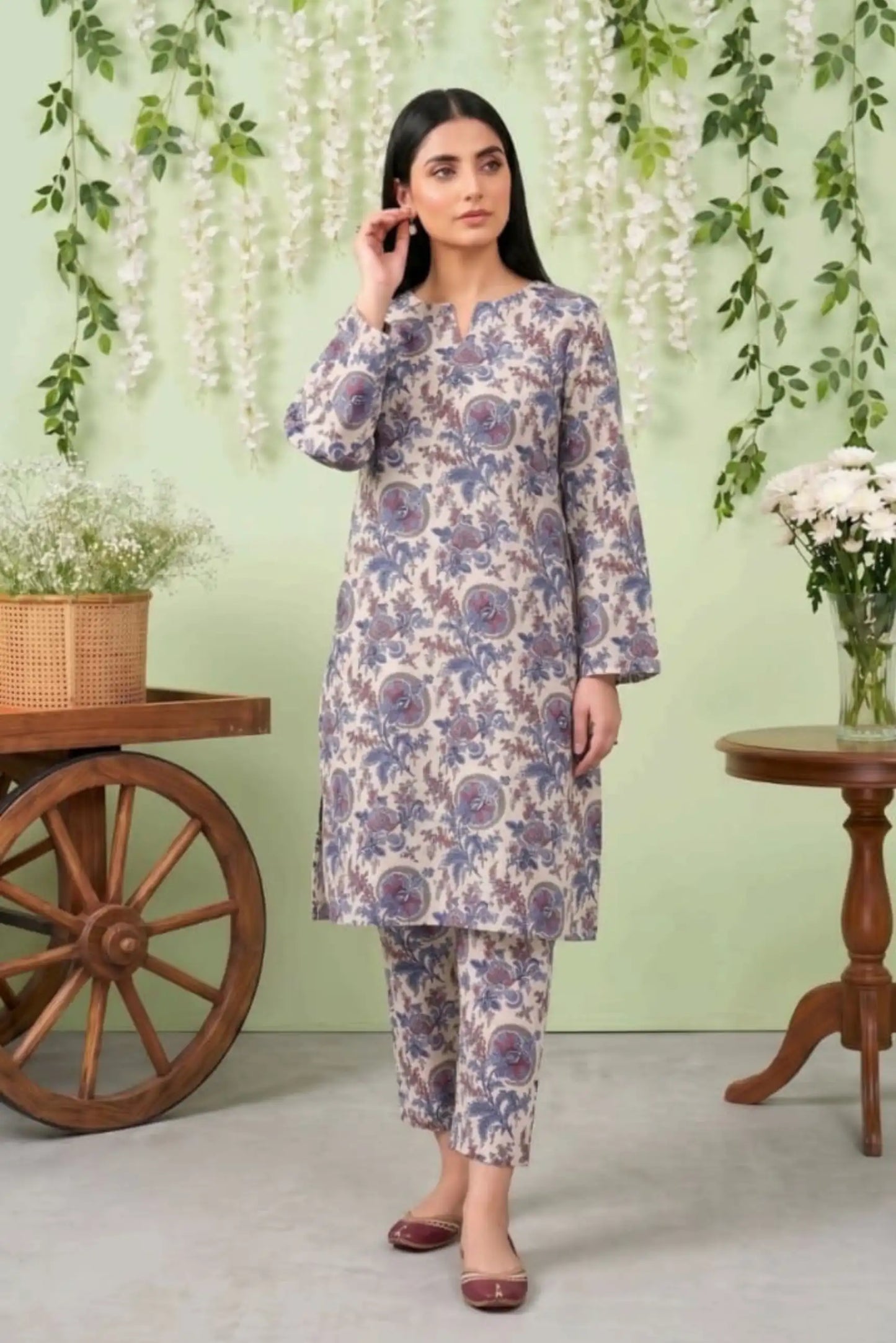2 Piece- Sohni Dharti Unstitched Cream Ladies Lawn Suit
