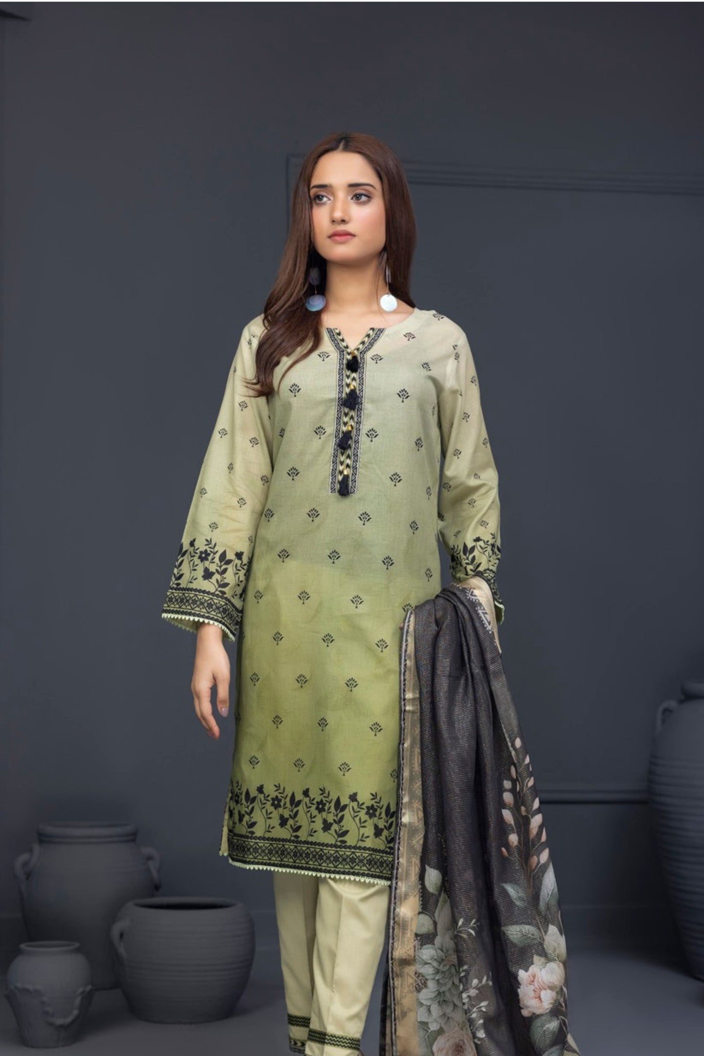 3 Pieces - Regalia Unstitched Sea Green Fancy Zari Dupatta Printed Shirt Lawn Suit