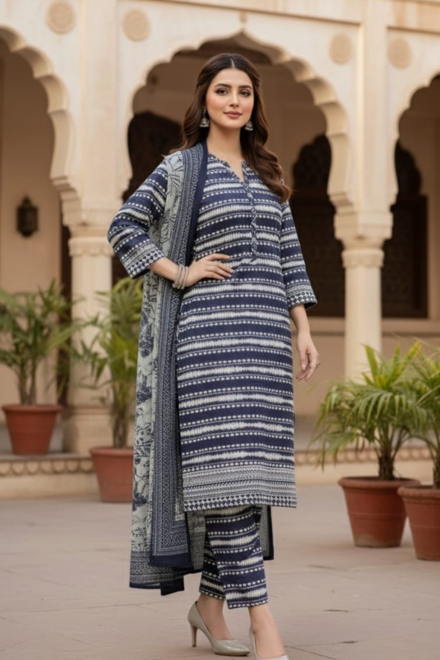 3 Pieces - Safina Unstitched Dark Blue Printed Khaddar Suit