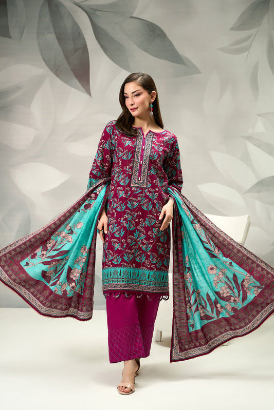 3 Pieces - Regalia Unstitched Maroon Printed Khaddar Suit