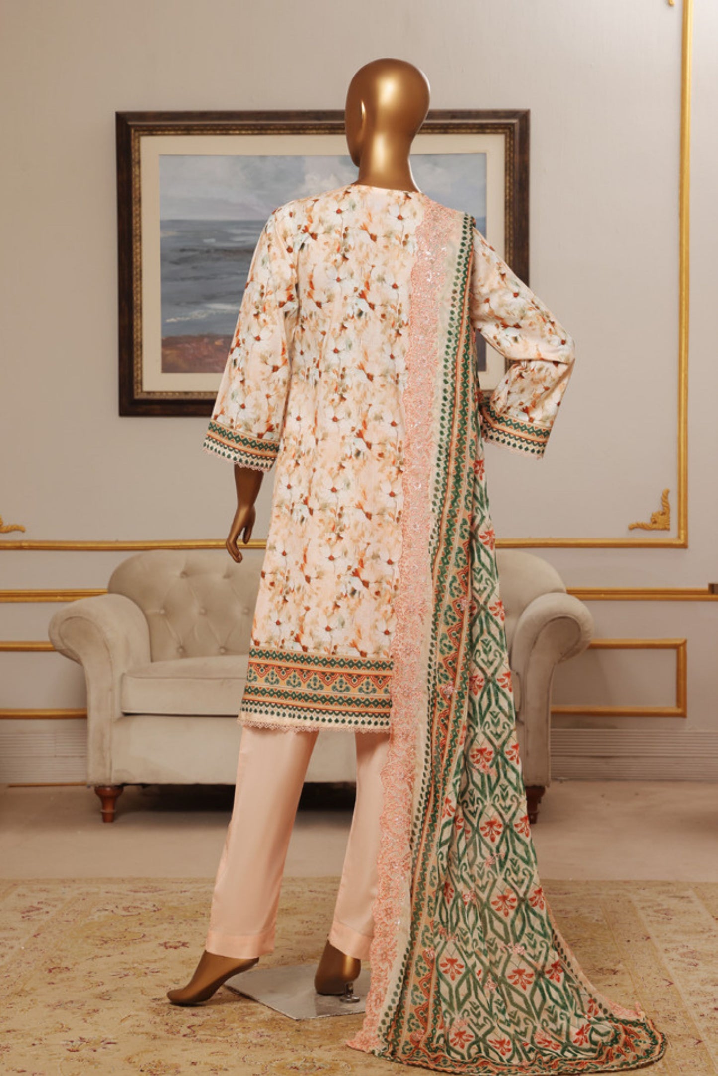 3 Pieces - Riwayat Unstitched Peach Embroided Lawn with Cutwork Chiffon Dupatta Suit