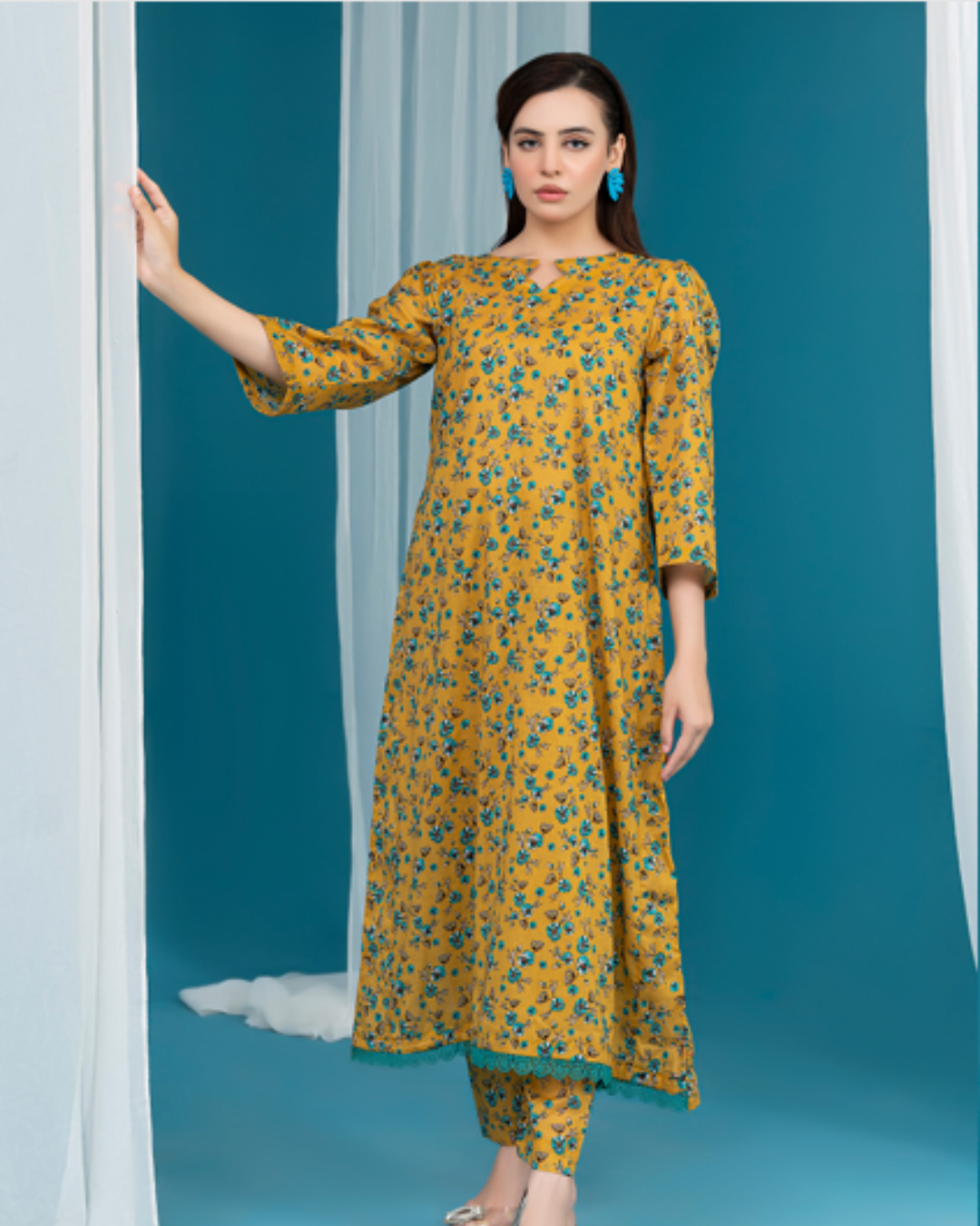 2 Piece - Gold Unstitched Olive Yellow Ladies Print Lawn Suit
