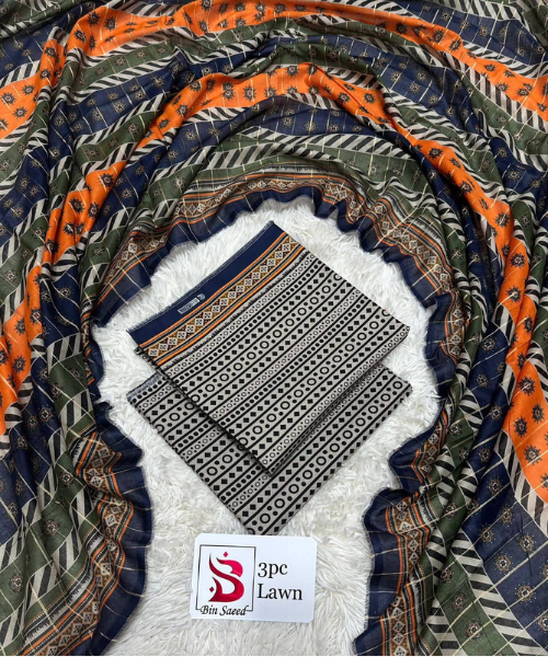 3 Pieces - Bin Saeed Unstitched Balck Ladies Lawn Suit