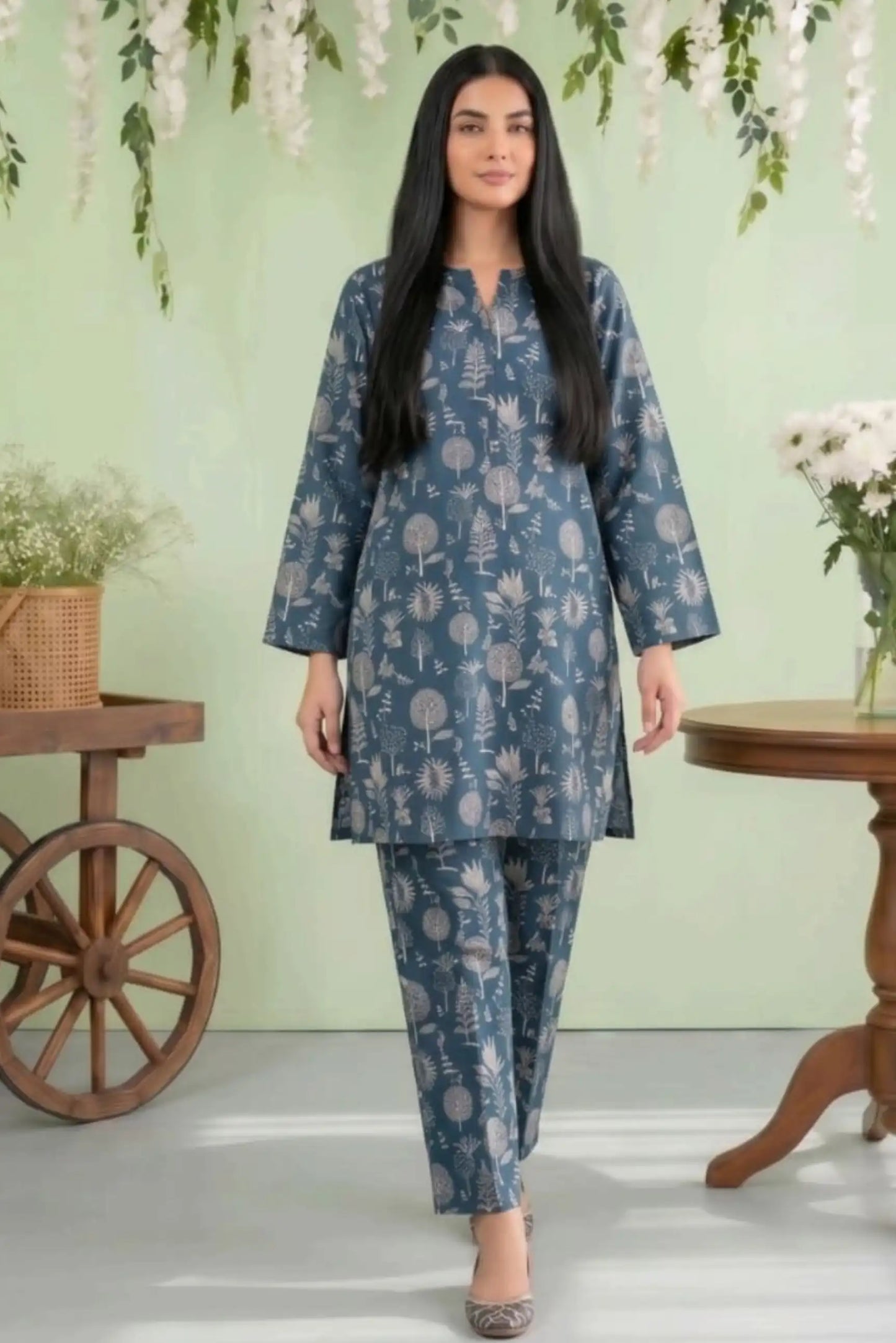 2 Piece- Sohni Dharti Unstitched Greyish Blue Ladies Lawn Suit
