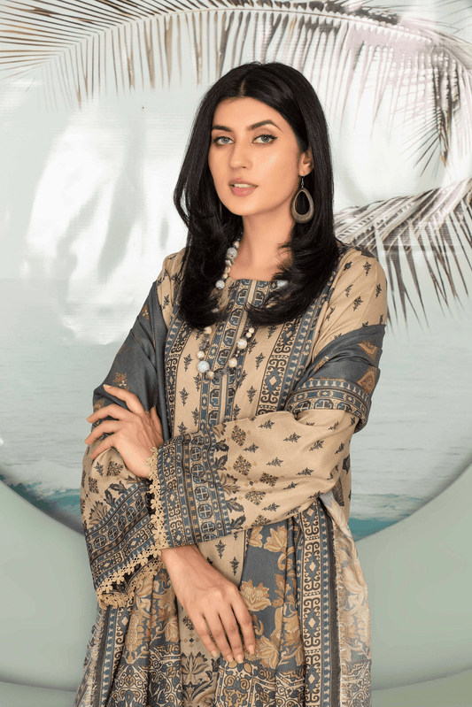 3 Pieces - Aizal Unstitched Skin Printed Shamray Linen Suit