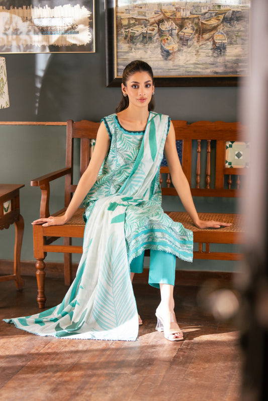 3 Pieces - Regalia Unstitched Green Bana Dora Lawn Suit