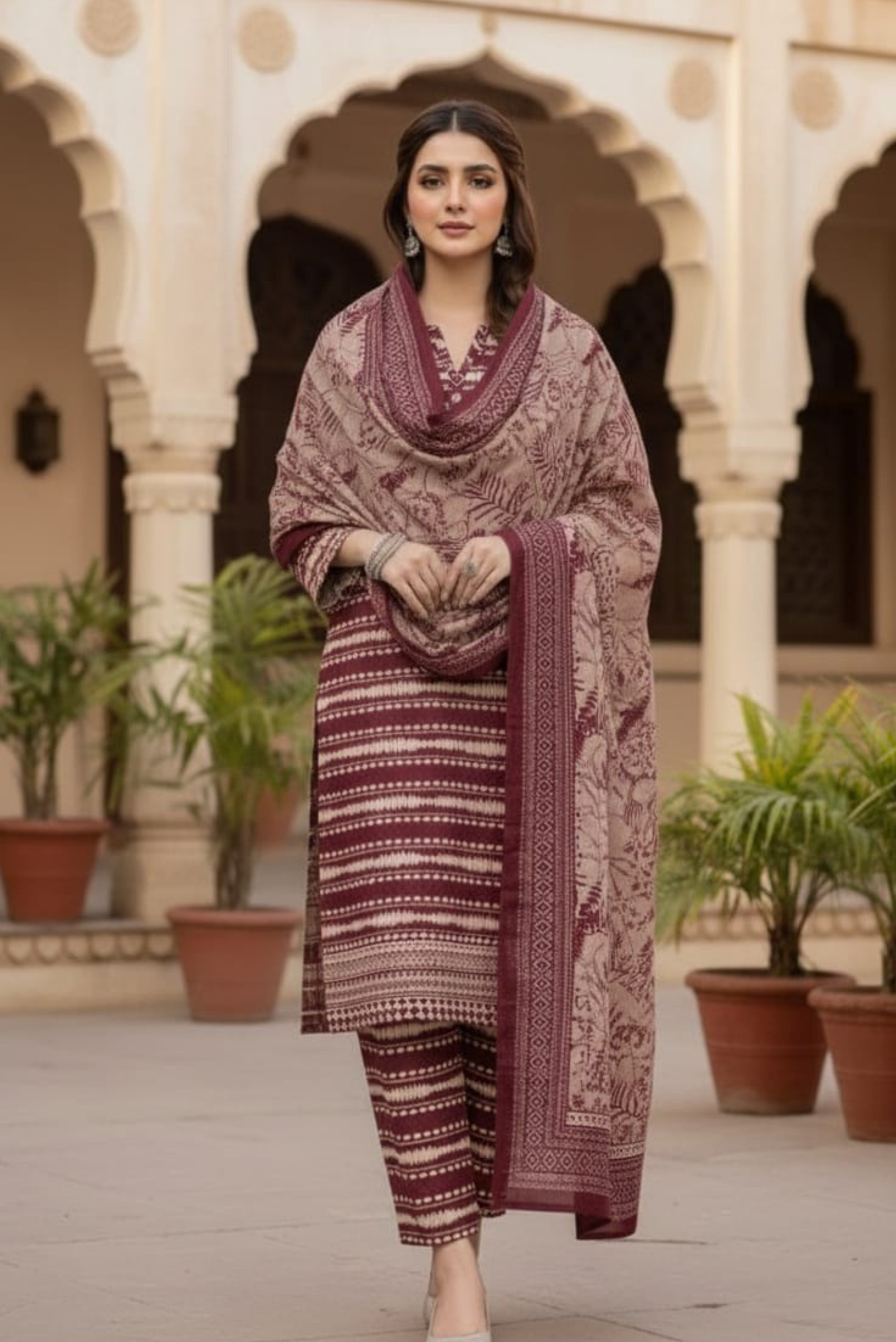 3 Pieces - Safina Unstitched Maroon Printed Khaddar Suit