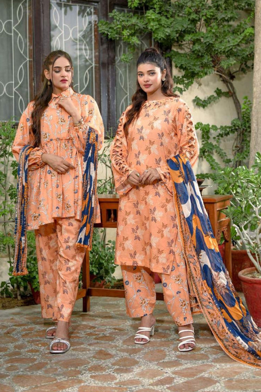 3 Pieces - Murashee Unstitched Peach Printed Lawn Suit