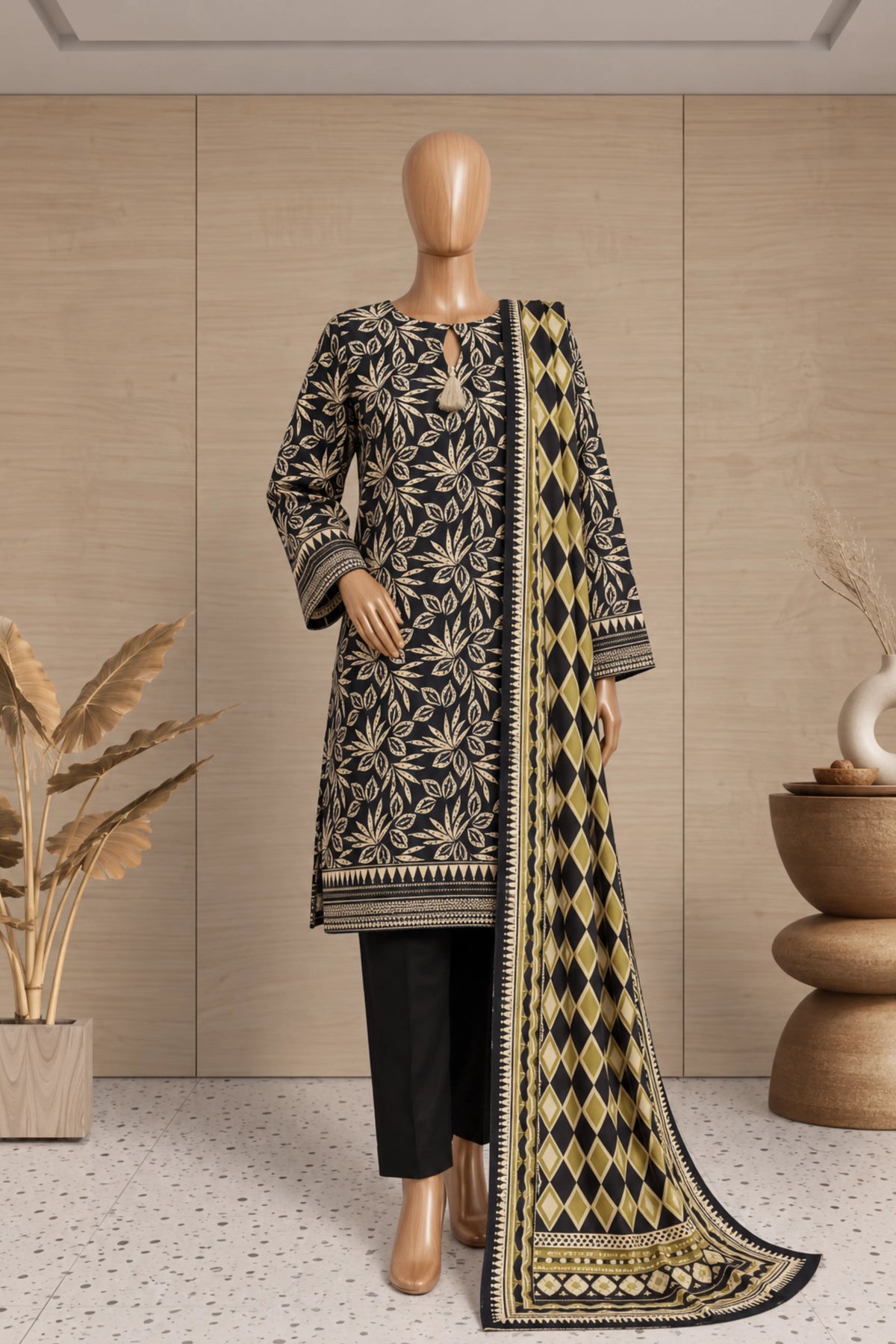 3 Pieces - Rijja By Murashe Unstitched Black Ladies Printed Khaddar Suit