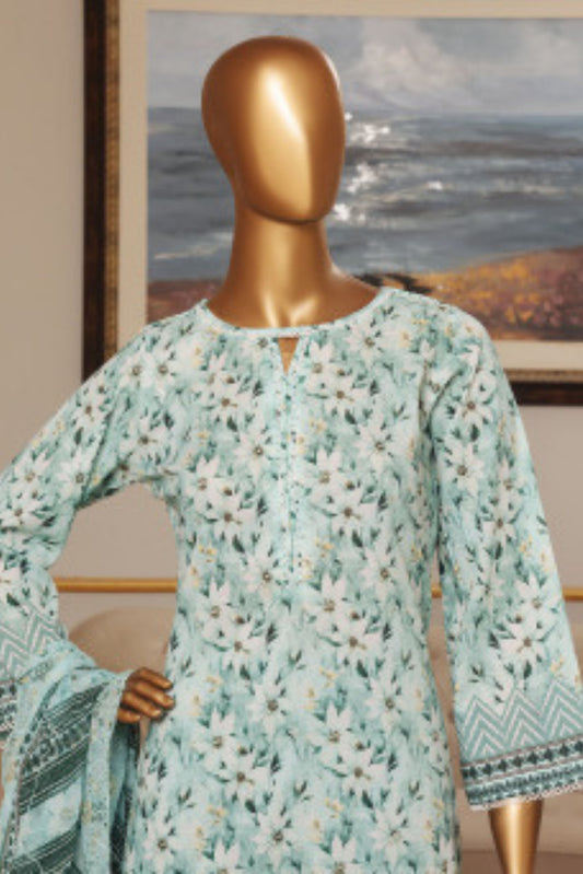 3 Pieces - Riwayat Unstitched Sea Green Embroided Lawn with Cutwork Chiffon Dupatta Suit